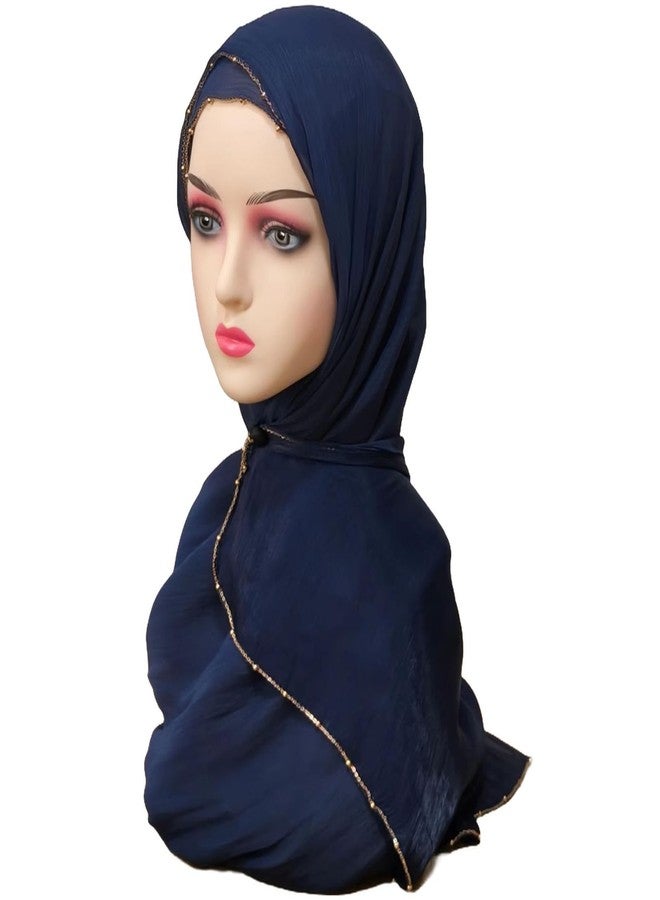 HURESON Women Premium Hijab Scarf for Women Lightweight 4 Edges Beaded Shimmer Hijabs Crepe Scarves Shawls Head Wraps Shiny (Deep blue) - Image 3
